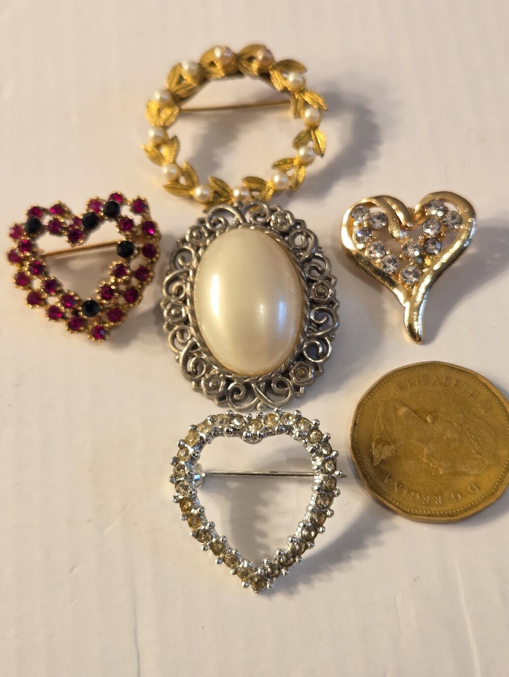 Gold and Pearl Heart & Floral Brooch Set - Women Jewelry